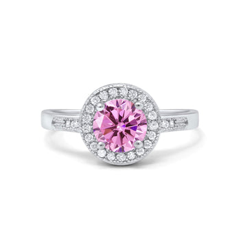 Halo Art Deco Wedding Engagement Ring Round Simulated Pink CZ 925 Sterling Silver